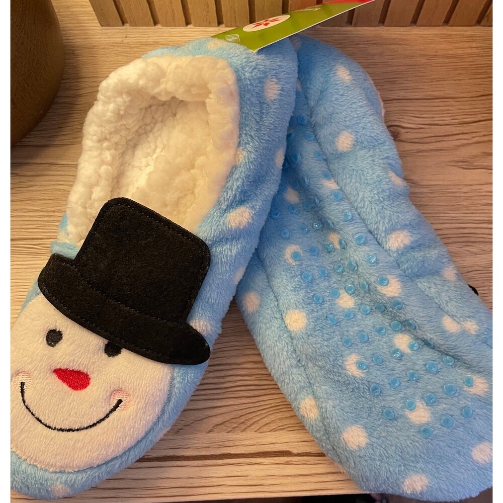 NWT Light Blue Fleece Snowman Slippers Womens S/M